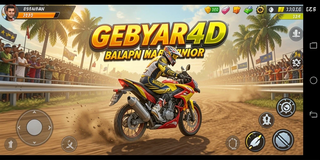 Screenshot gameplay GEBYAR4D menampilkan balapan motor yang mengasyikkan dan penuh aksi.