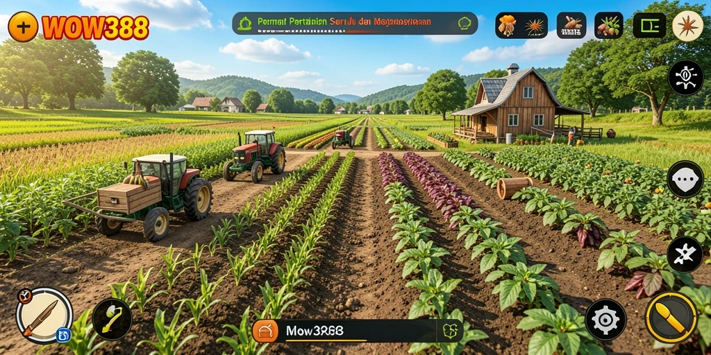 Tangkapan layar gameplay WOW388 menampilkan kebun indah dengan berbagai tanaman.
